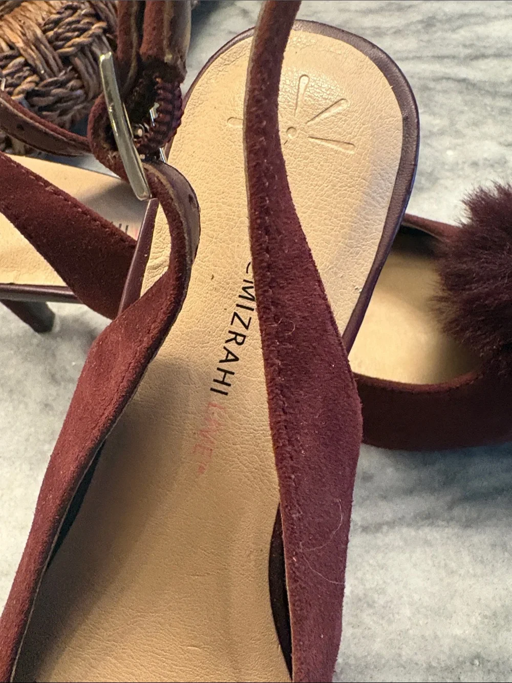 Isaac Mizrahi Wine/Burgundy Suede Pom-Pom Slingback Pumps